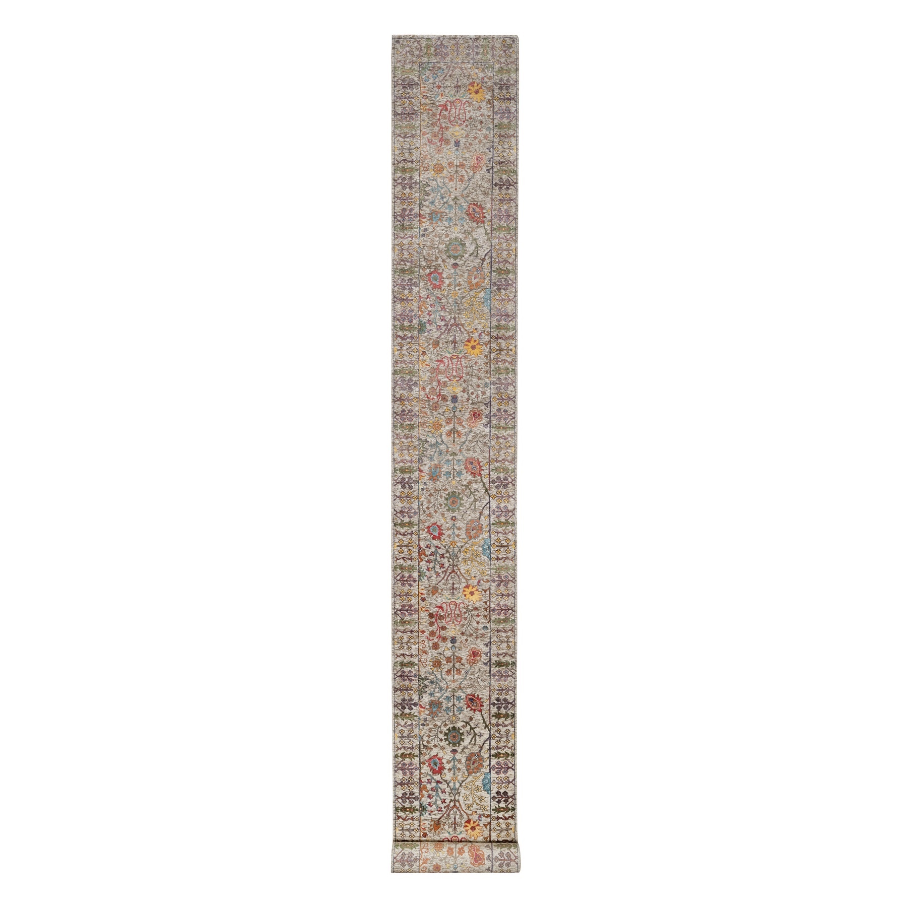 2'7"x22' Lacy Pearl White, All Over Directional Vase Design, Hand Knotted, Silk with Textured Wool, XL Runner Oriental Rug 